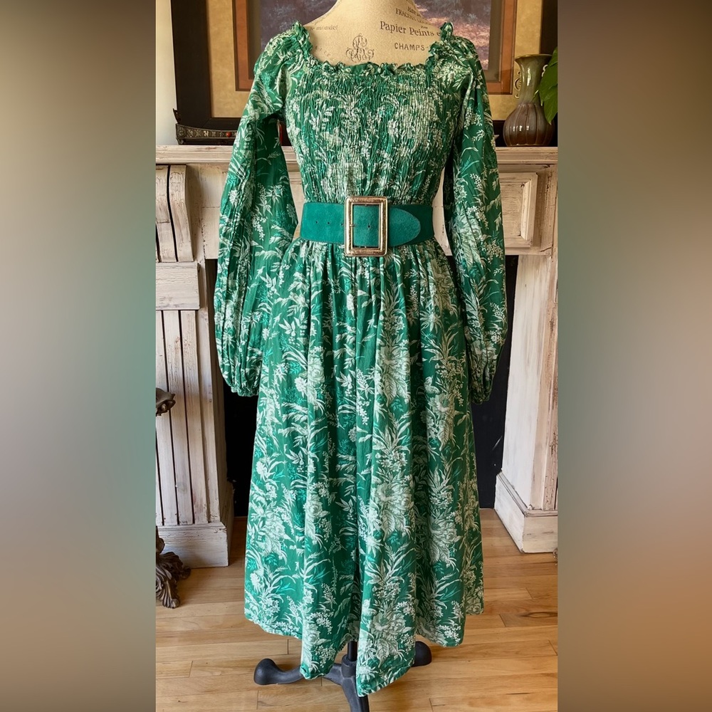 Green Floral Smocked Midi Dress with Statement Belt